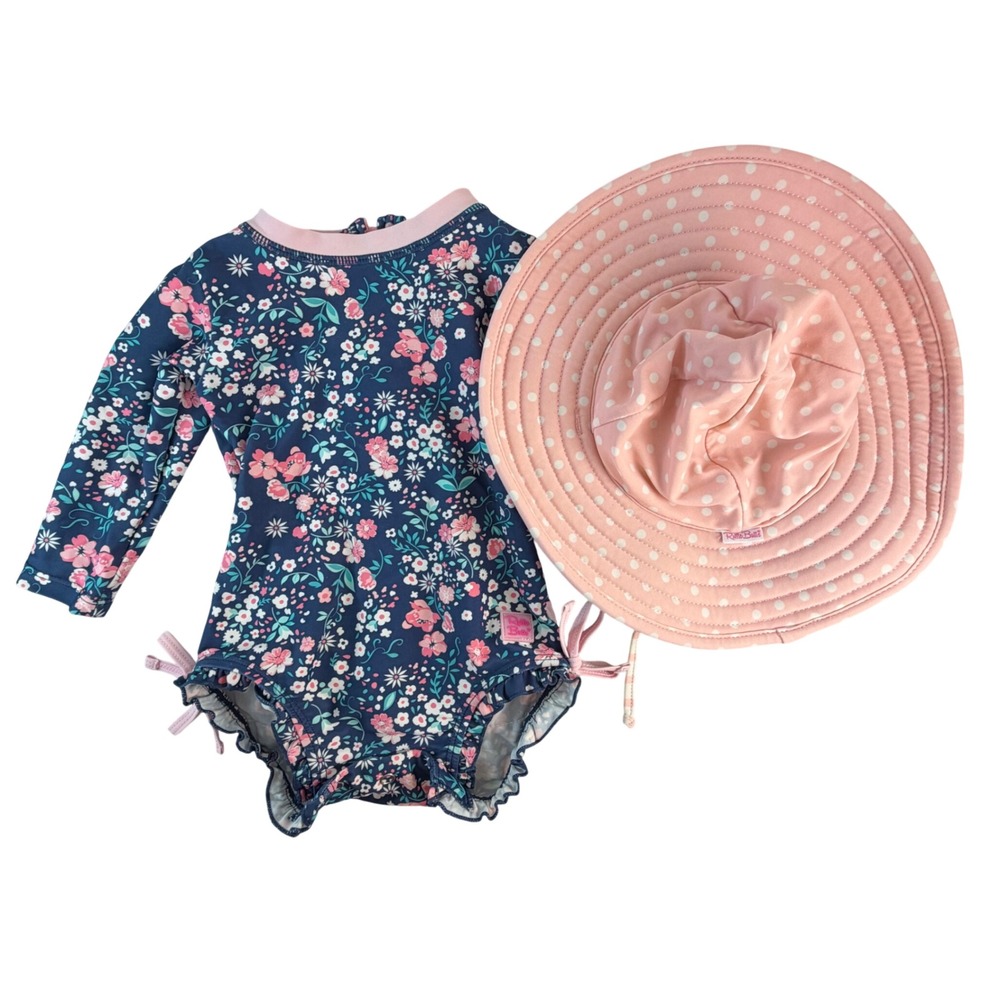 Ruffle Butts Long Sleeve Swimsuit 6-12‎ Months Blue Floral With Hat